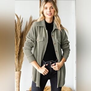 Rib Drop Shoulder Patch Pockets Button Down Shacket